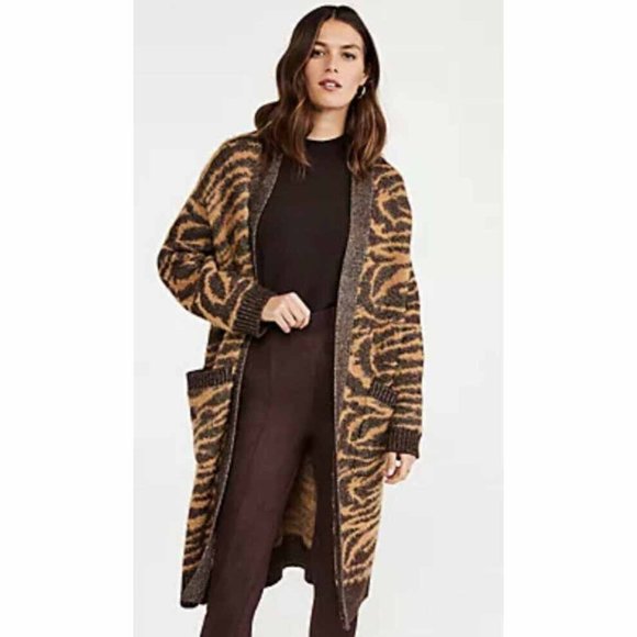 Ann Taylor Tiger Jacquard Duster Cardigan Coat Chunky Modern Camel Size Large - Picture 1 of 7